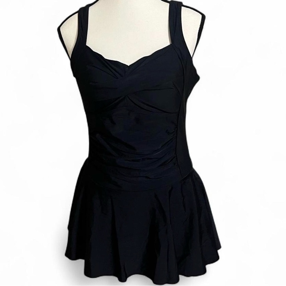 Ekouaer OnePiece Swimsuit Sz L Black Swimdress/w Twist Front & A-line Skirt - Picture 3 of 6